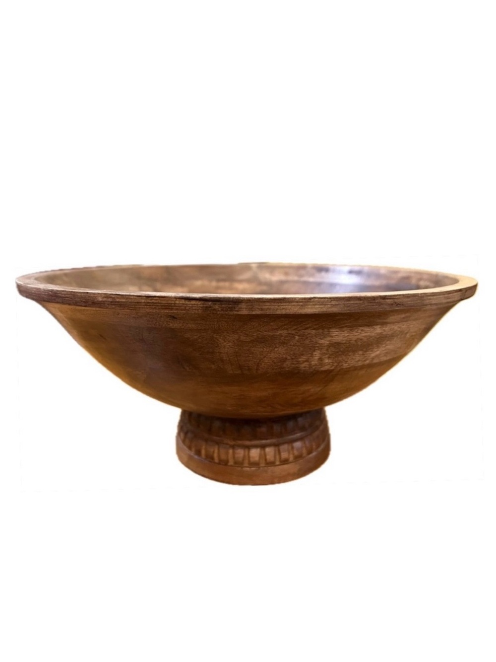 Large wooden turned and carved wood bowl 13.5" W x 6" H